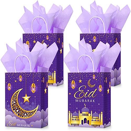 Censen 16 Sets Eid Mubarak Gift Bags with Tissue Paper, Ramadan Goodies Bags for Ramadan Party Supplies Favor (Purple)