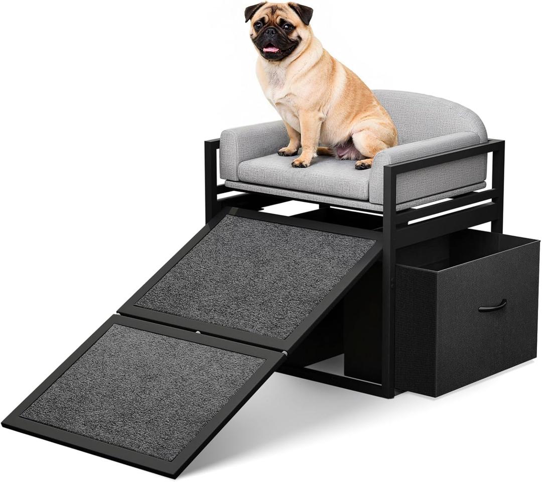 Non Slip Dog Ramp with Seat & Storage Drawers,Extra Wide Doggie Stairs,Metal Frame Puppy Chair for High Bed Couch Office,Dachshunds Ladder,Washable Cushion Pet Step for Small Old Pets Grey (Gray)