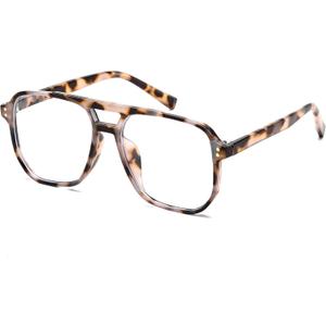FEISEDY Blue Light Blocking Glasses Fake Nerd Clear Square Computer Lightweight Pilot Glasses Frame Oversized B2866 (Pink Leopard Frame)