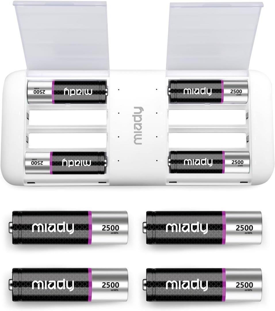 Miady Rechargeable Lithium AA Batteries 8 Pack with Fast Charger, 1.5V 2500mWh High-Power Lithium Batteries AA,Low Self-Discharge Double A Batteries up to 2000+ Cycles