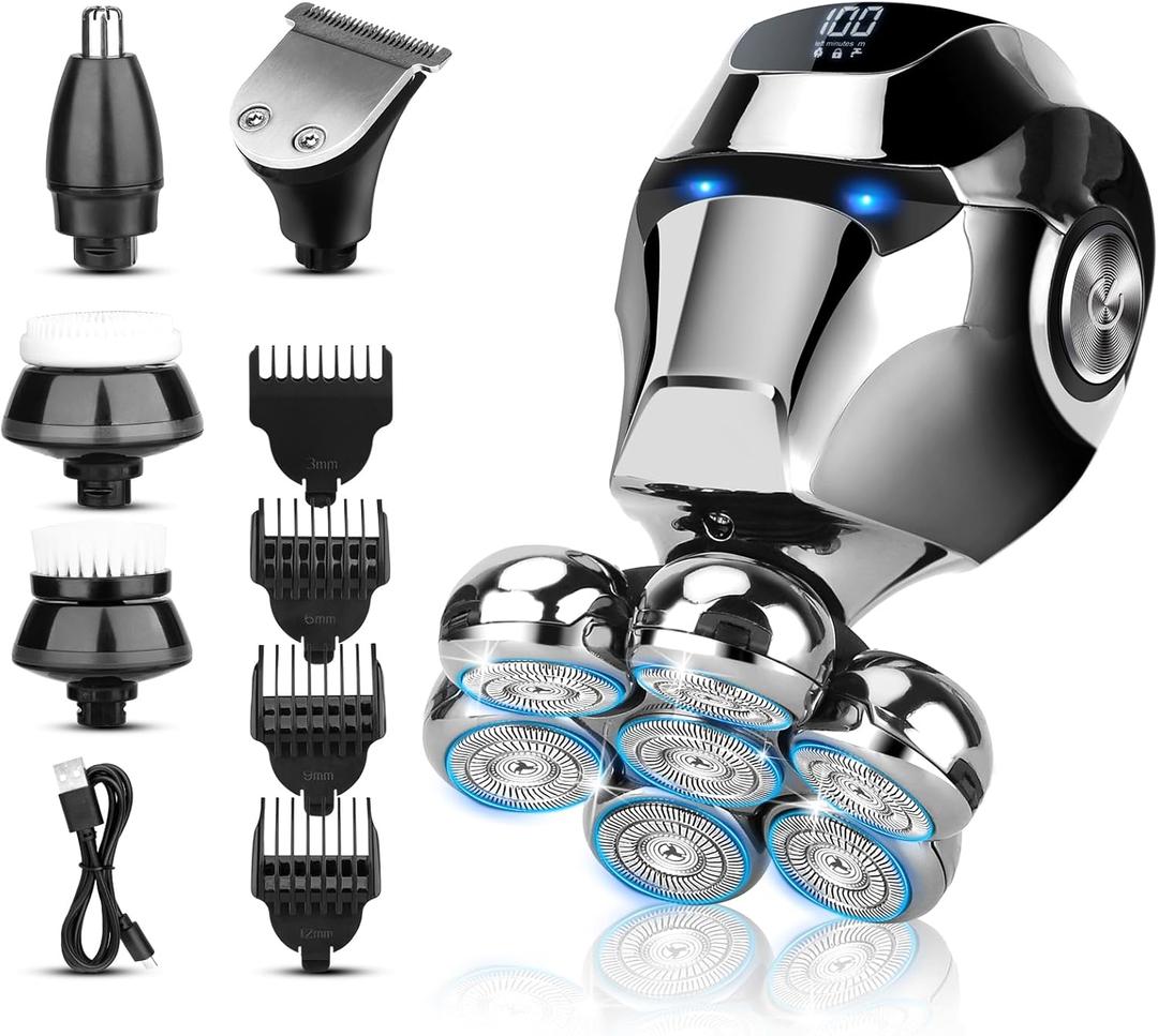 Electric Shaver for Bald Men, 6 in 1 Floating Head Razor with Nose Hair, Sideburns Trimmer, Face Brush, Upgrade 7D Electric Razor for Men with Type-C Charger, LED Display & Waterproof (Sliver)