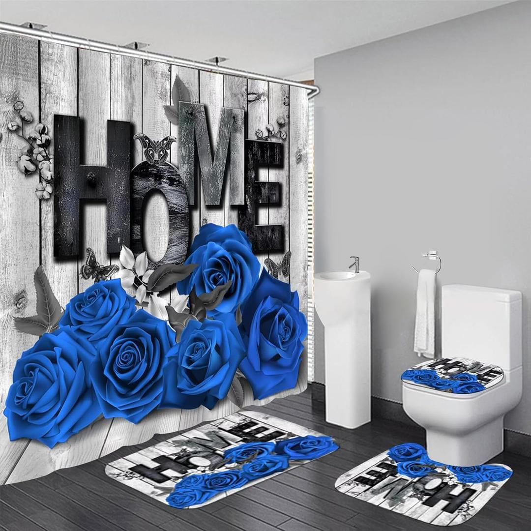 Blue Rose Valentines 4 Pcs Shower Curtain Sets Non-Slip Rugs Bath Mat Toilet Cover U Shaped Mat Romantic Blue Bathroom Decor with 12 Hooks Valentines Day Bathroom Set