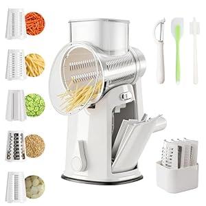 The CoveCarol rotary cheese grater comes with 5 blades and 3 tools: a round mandolin slicer and a food shredder. Suitable for fruits, vegetables, nuts, etc., it includes a blade storage box. (White)