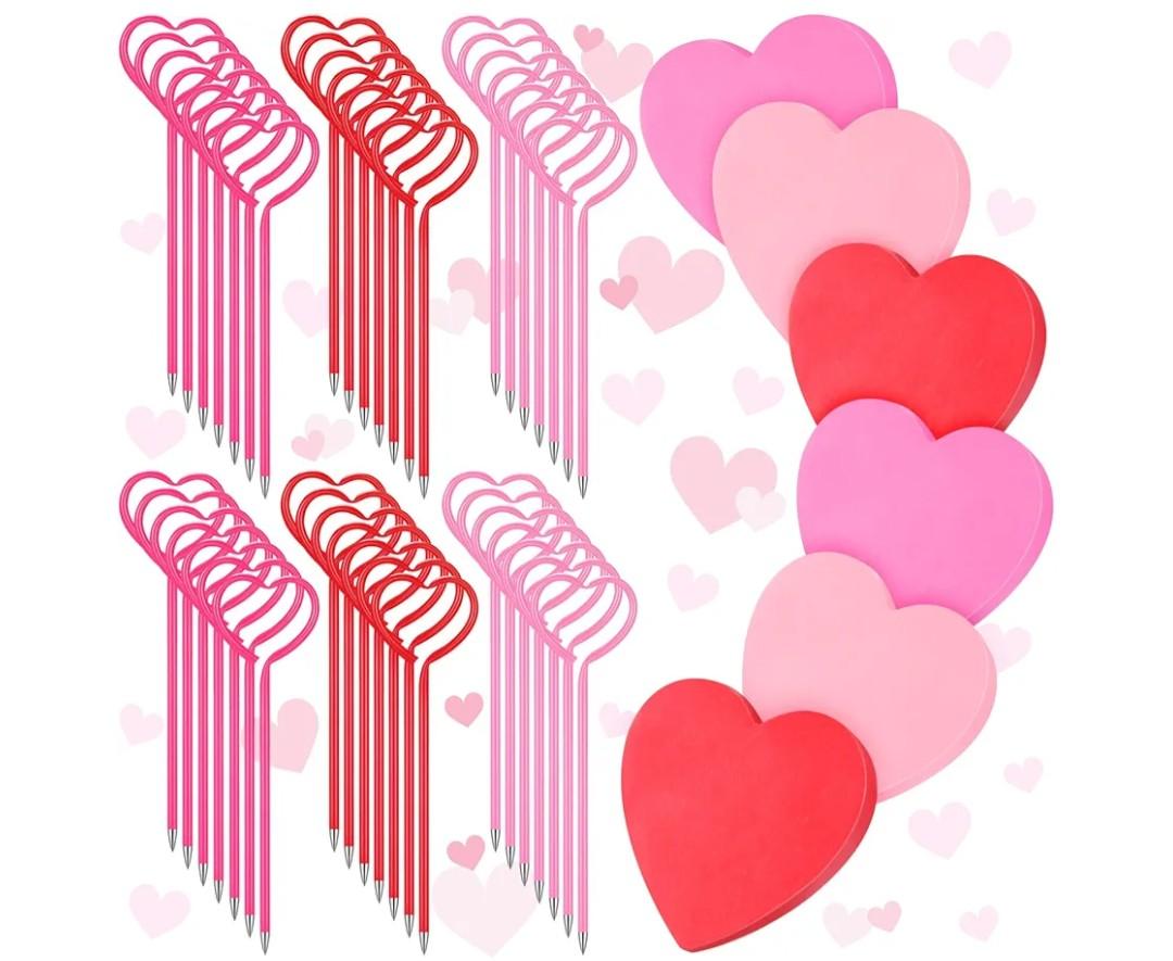 48 Pcs Valentine's Day Heart Shaped Pens Valentines Ballpoint Pens with 600 Sheets Heart Shaped Sticky Notepads Cute Note Pads Office Supplies for Valentine's Day Party Favor