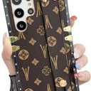 Compatible for Samsung Galaxy S25 Ultra Case Luxury Designer with Wristband Strap Leather Case Kickstand Holder Protective Women Girly Phone Cover for S25 Ultra (Brown)