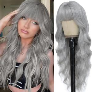 Gray Wig with Bangs for Women Long Grey Wavy Wigs 26 Inch Gray Wigs Natural Looking Heat Resistant Synthetic Wig for Daily Party Use