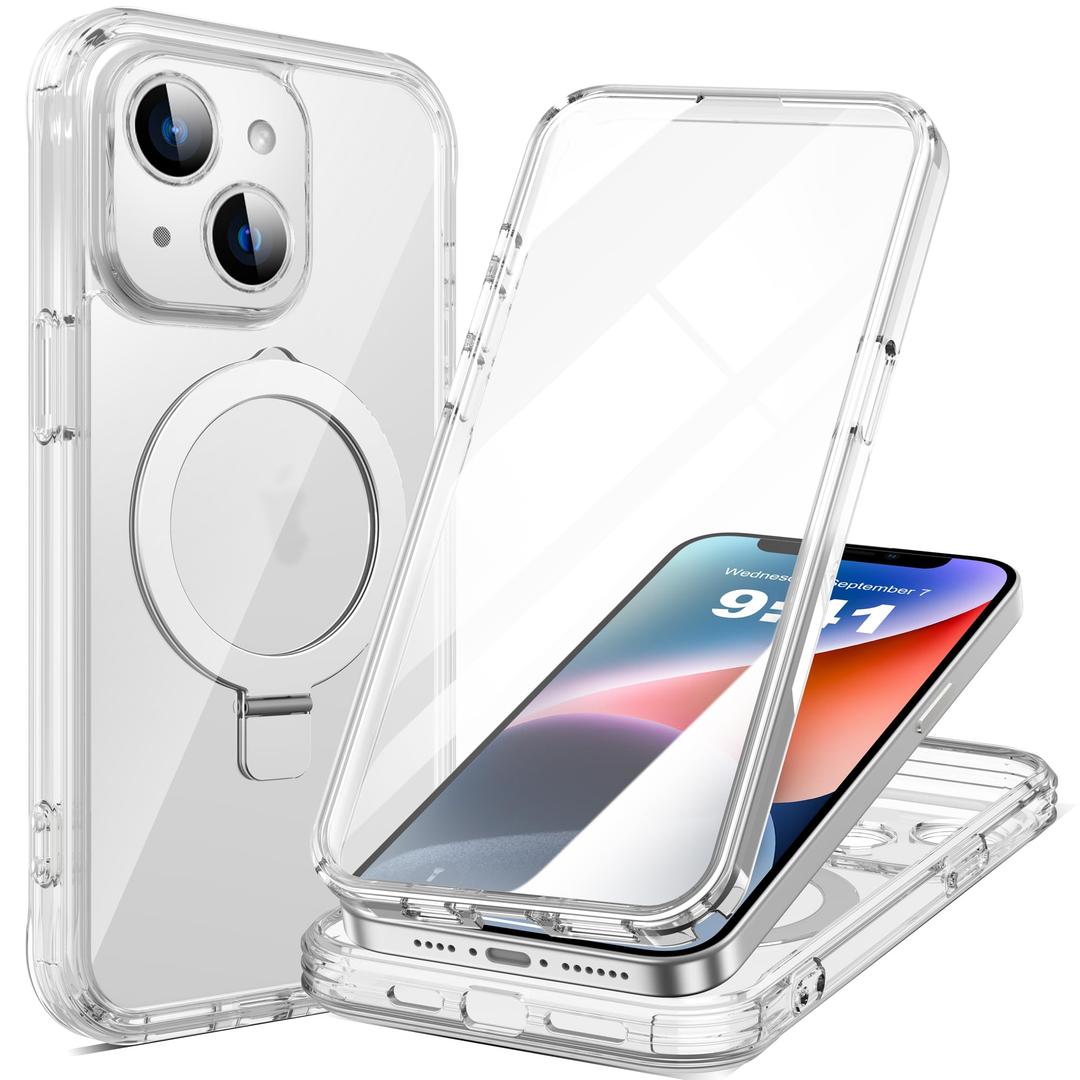 RIASOLIN for iPhone 14 Plus Case with Invisible Magnetic Stand, Compatible with Mag-Safe Translucent Matte with Built-in Screen Protector, Shockproof Protective Phone Case for Women Men, Pink