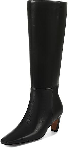 Kitten Heel Knee High Boots Women Square Toe Long Tall Boots Faux Leather Low Heel Boot Fashion Dress Casual Elastic Boots with Side Zipper Size 10