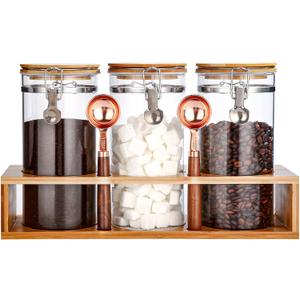 3 x Glass Coffee Storage Container with Bamboo Shelf, 3PCS 49oz Airtight Sealed Coffee Bean Jar with Clamp Lid & Measuring Spoon, Kitchen Pantry Canister Set for Ground Coffee Sugar Tea Flour