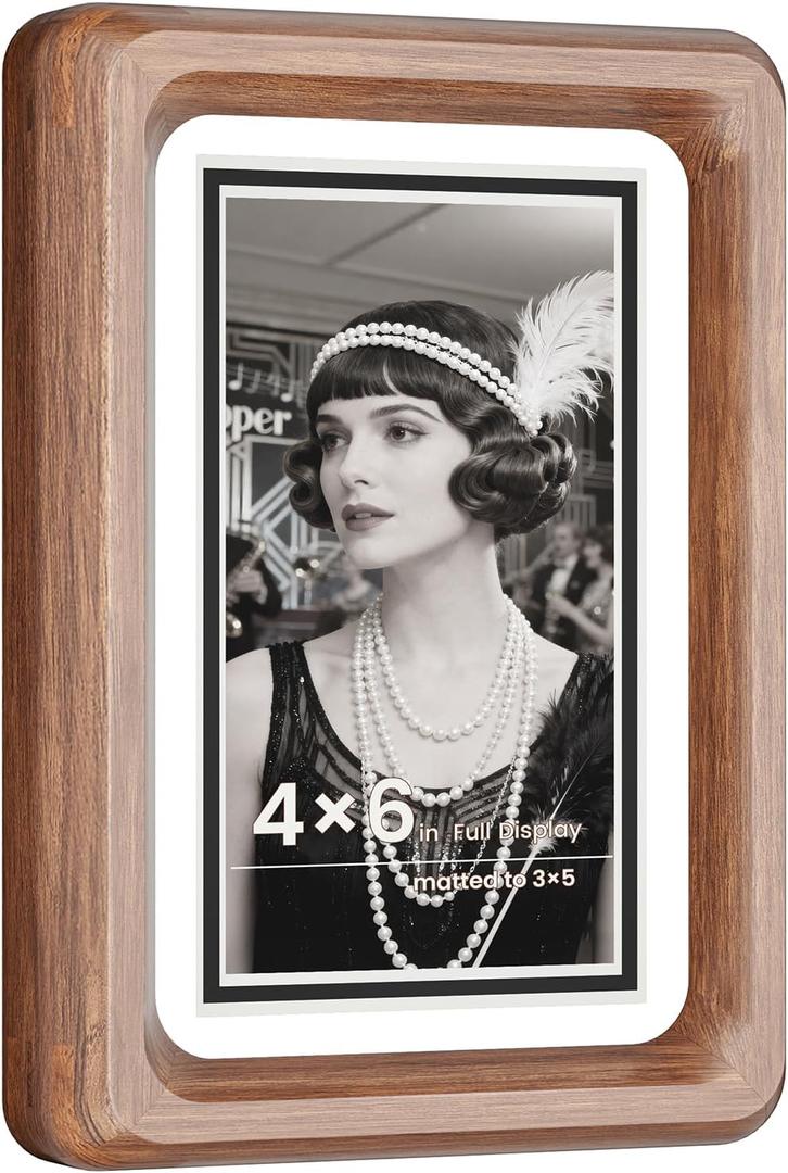 4x6 Premium Natural Walnut Wood Picture Frame, Handcrafted with Solid Wood Back & HD Tempered Glass, Rich Wood Grain, Matted for 3x5 Photos, Wall Mount or Tabletop Display (46)