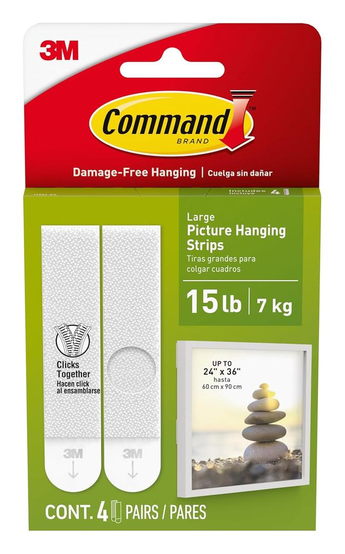 Command 15 lb Large Picture Hanging Strips 4 Pairs (8 Command Strips), Damage-Free Hanging Picture Hangers, No Tools Wall Hanging Strips for Home Decor, White Adhesive Strips