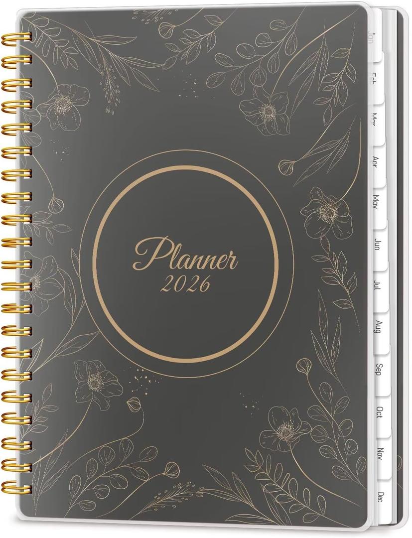2026 Planner 8.5 x 11, Large Weekly Monthly Planners with Tabs, A4 Spiral Bound Daily Calendar 2026 Planner, 12 Month Agenda from Jan. to Dec., Flexible Cover Appointment Book(Black Gold Flower)