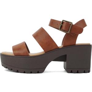 Soda ACCOUNT ~ Women Open Toe Two Bands Lug sole Fashion Block Heel Sandals with Adjustable Ankle Strap (8, Cognac Pu)
