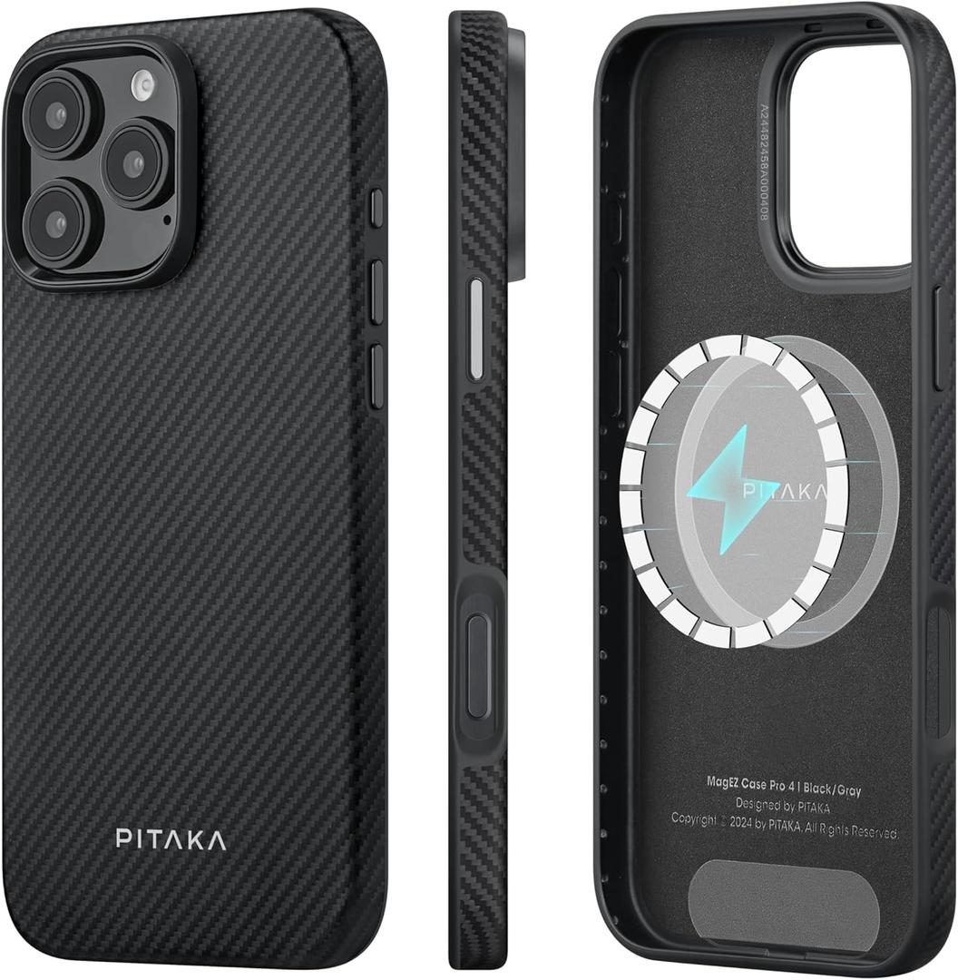 pitaka Case for iPhone 16 Pro Max, 6.9" - MagSafe Compatible, Shockproof, 600D Aramid Fiber & TPU Combined [Military Grade Protective Case - Black/Grey (Twill)]