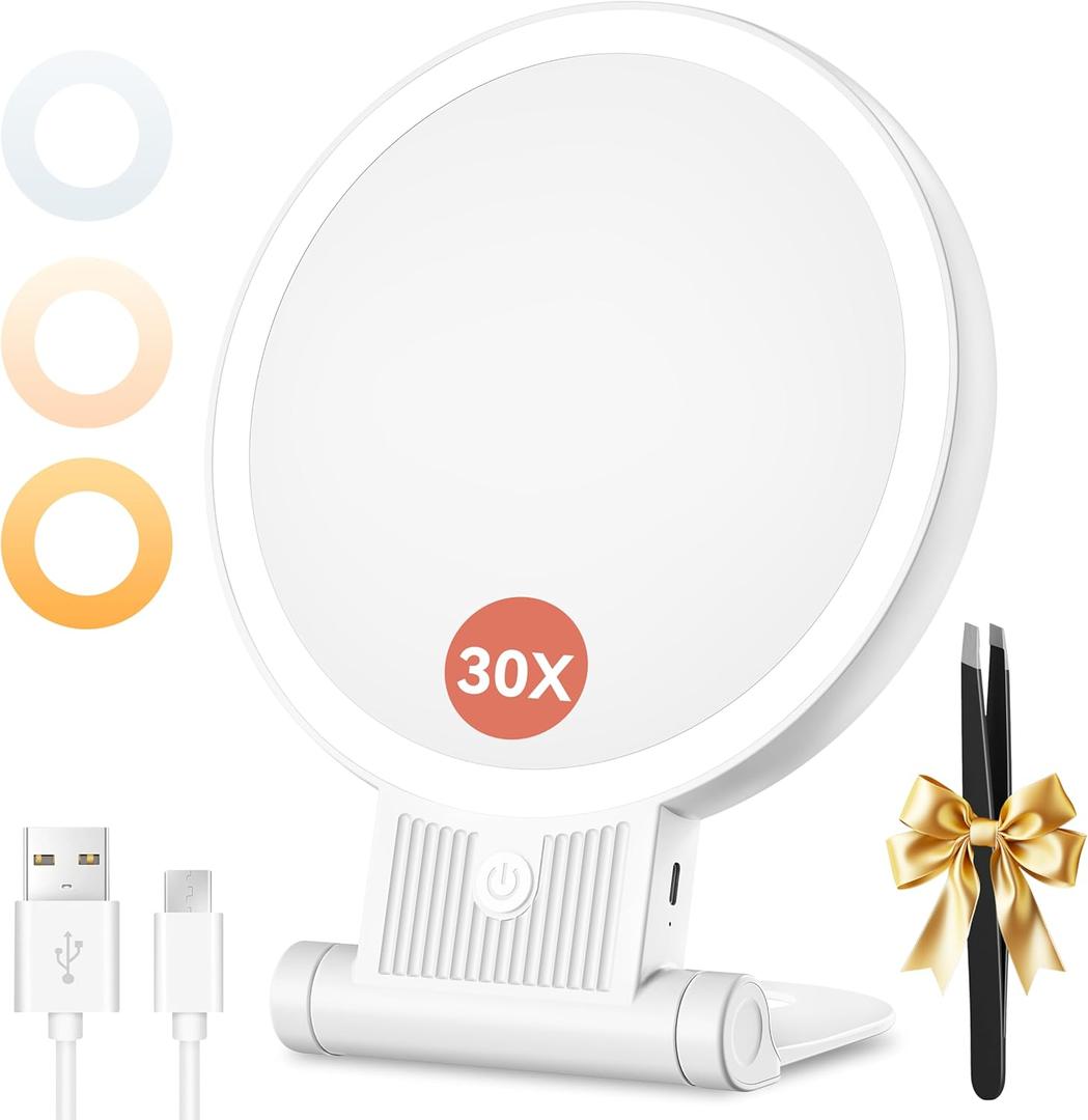 Auxmir 30X Magnifying Mirror, Double Sided 1X /30X Makeup Mirror with Light, Folding Lighted Rechargeable Beauty for Travel, Rotating 3 Color Lights, Dimmable Touch Screen