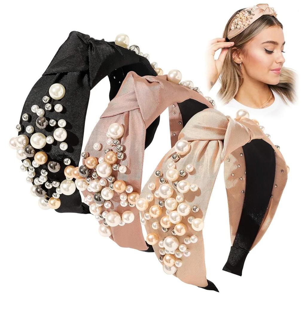 Ivyu Headbands - Knotted Pearl Diademas Para Mujer De Moda Hair Accessories Hairbands for Girls No Slip Fashion Cute Top Knot Headband Gift for Women Black Pink Gold