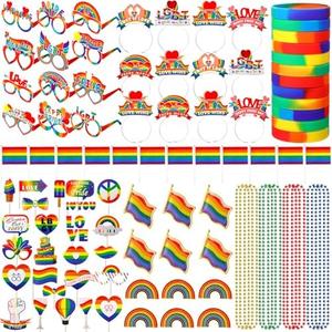 Pack Of 3 Blosssound 97 Pcs Pride parade Kit Include Gay Pride Photo Props Rainbow Glasses Silicone bracelets Hand-waved Flags Necklaces Headbands Brooches Pride Rainbow Accessories LGBT Gifts for Pride Month