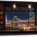 Brooklyn Bridge Large Wall Art for Living Room New York Nighttime Skyline Landscape Framed Pictures Canvas Decor City Prints Painting Extra Large Modern Artwork for Bedroom Office Kitchen 24"x36"