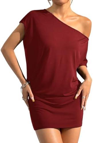 SOLY HUX Women's Off The Shoulder Mini Dress Going Out Asymmetrical Neck Short Sleeve Casual Bodycon T Shirt Dresses Medium