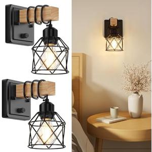 FadimiKoo Dimmable Wall Sconces Set of 4, Bedside Wall Mounted Lamp with Rotary Switch, Wooden Black Bathroom Light Fixtures with Metal Cage, Hardwired Farmhouse Wall Lights for Bedroom, Living Room