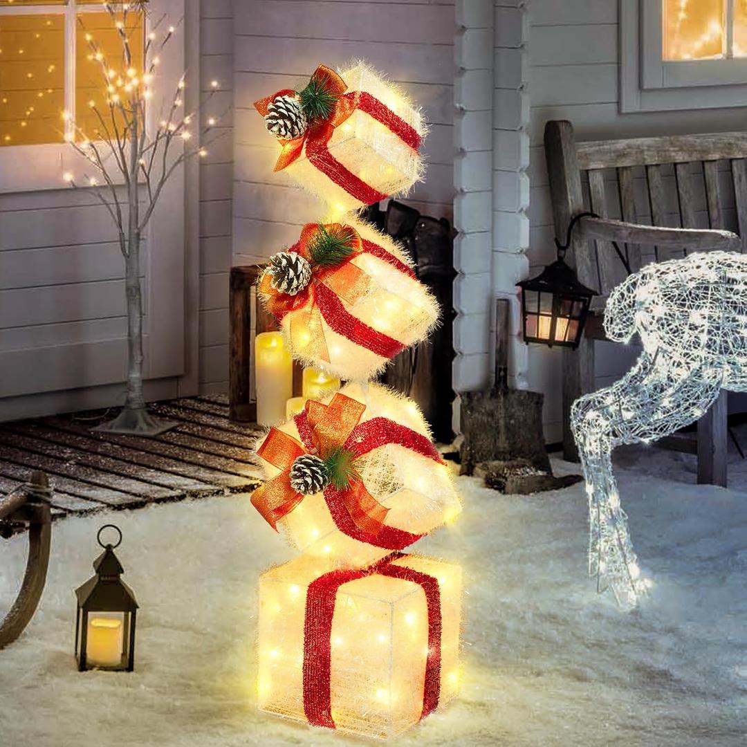 Christmas Lighted Gift Boxes Decorations Set of 4, 2.8Ft Stackable Christmas Nesting Boxes Battery Operated with Timer for Home and Party Decoration