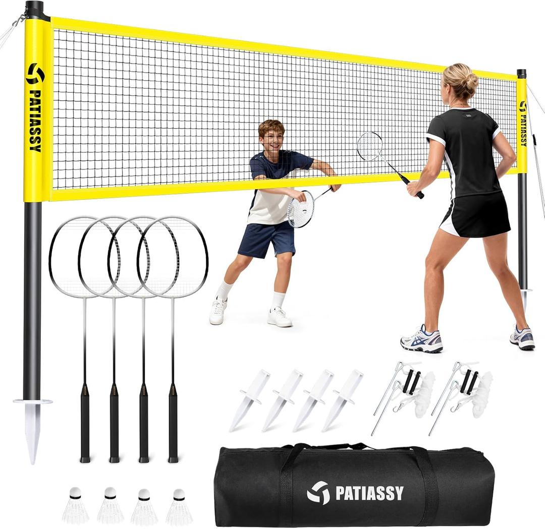 Badminton Set for Backyard, Outdoor Badminton Net with Anti-Sag Design, 4 Professional Badminton Rackets, 4 Shuttlecocks and Carry Bag for Lawn or Beach (Yellow)