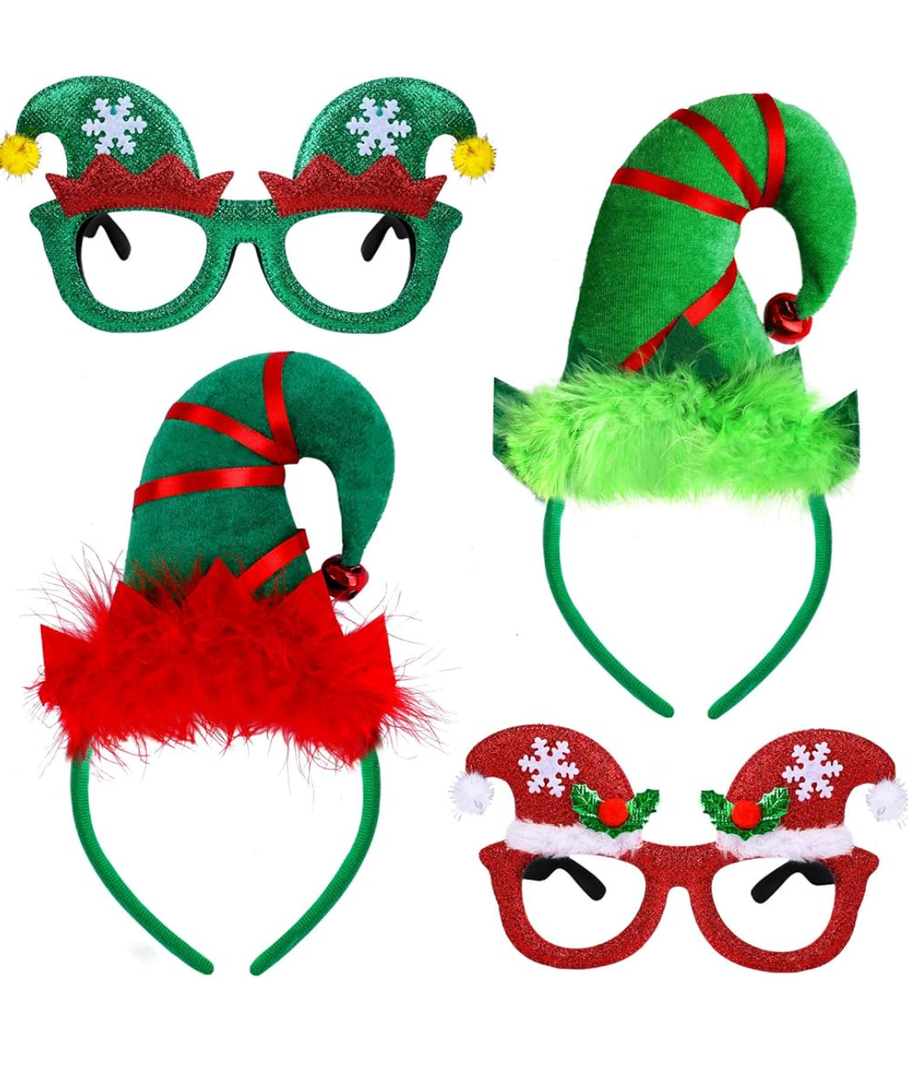 Aneco 4 Pack Creative Elf Headband and Elf Eyeglasses Frame Christmas Elf Costume Accessory Glasses Headband for Holiday Gift Favors