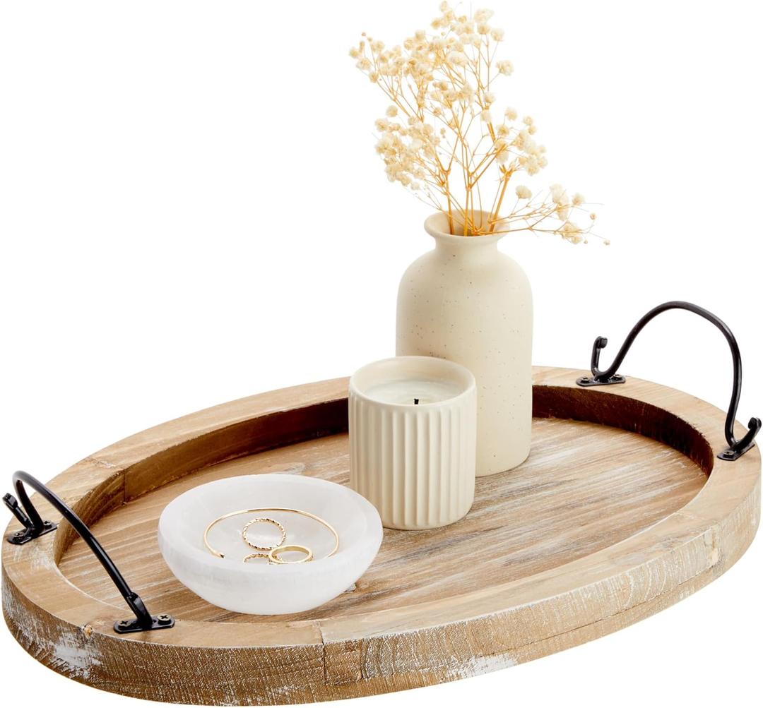Wooden Serving Tray with Handles - Decorative Oval Wood Platter for Coffee Table, Living Room, Farmhouse Decor, and Table Decor - 15.75 x 10.8 x 1.25 in (Wood Color)