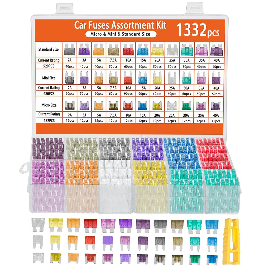 1332 Pcs Car Fuse Assortment Kit, 680PCS Mini Blade Fuses + 520 Standard Automotive Fuses + 132 Micro + Puller, RV/Camper/Truck/Motorcycle/Yacht Essentials (2A 3A 5A 7.5A 10A 15A 20A 25A 30A 35A 40A)