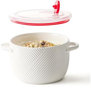 Ceramic Soup Bowl with Lid & Handle: 32 oz Large Kitchen Container for French Onion Meal Prep Cereal Ramen Oatmeal Dorm Living Single Serve Dinner Work Lunch Food Storage - White 1 PCS