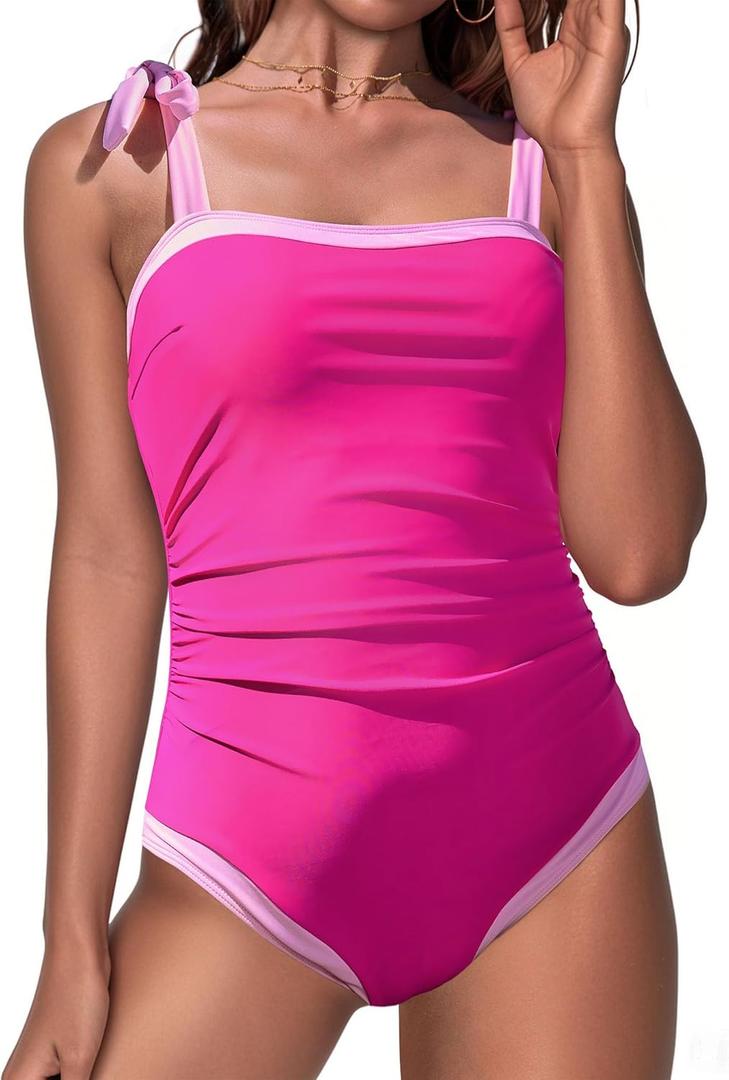 Bsubseach One Piece Swimsuit for Women Tummy Control Bathing Suits Adjustable Strap (Pink, M)