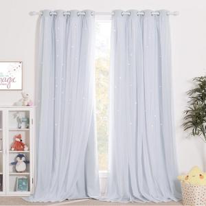 NICETOWN Nursery Bedroom Curtains 63 inch Length, Room Darkening Starry Drapes Overlapped with White Sheer for Kids/Thanksgiving Present (52" Wide, Greyish White, 4 Tie Backs Included)