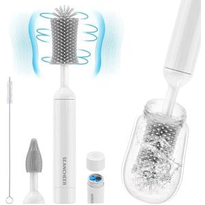 SEANCHEER S02 Electric Bottle Brush Cleaner, Waterproof Baby Bottle Brush, AA Battery-Powered & 360° Wrist-Friendly, with Silicone Bottle/Nipple/Straw Brush, Perfect Essentials for New Parents