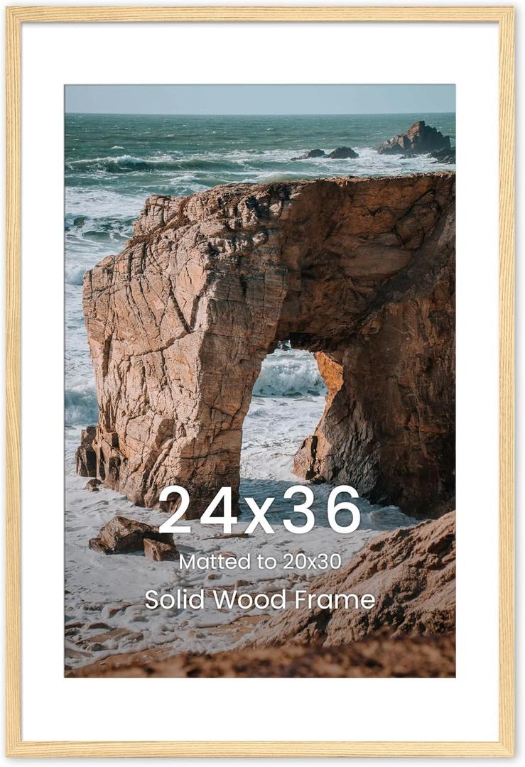 24x36 Large Picture Frame, Solid Ash Wood 24"x36" Photo Frame, Right Angle 24 x 36 Picture Frame Matted to 20x30, 24 by 36 Frame HD Tempered Glass,Vertical or Horizontal Wall Hanging, 1PC