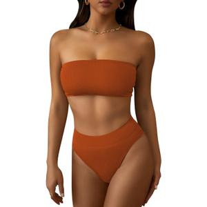 Pink Queen Women's Ribbed High Waisted Bikini Set Removable Strap Bandeau Swimsuit (Size Medium, 01 - Burnt Orange Ribbed Fabric)