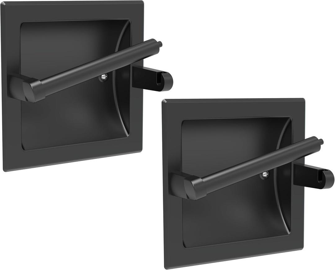 Toilet Paper Holder 2 Pack, Recessed Pivoting Toilet Paper Holder Wall Mount Stainless Steel for Large Rolls in Bathroom (Matte Black)