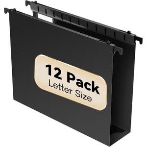 Extra Capacity Plastic Hanging File Folder Letter Size,12 Pack Reinforced Hang Folders with Heavy Duty 2 Inch Expansion,Durable Hanging Organizer Designed for Bulky Files(Black)