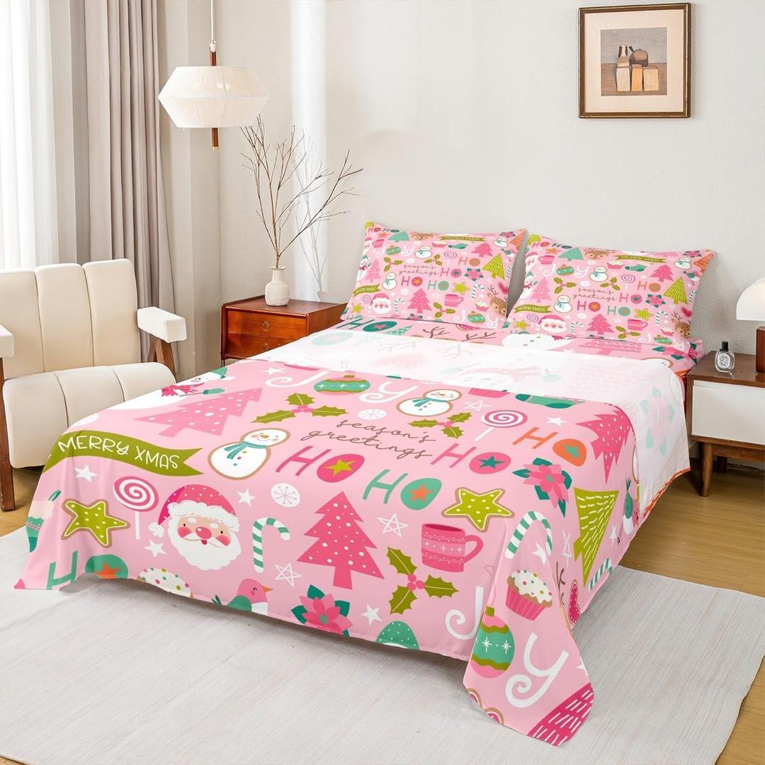 Erosebridal Pink Christmas Bed Sheets, Cartoon Santa Claus Sheet Set Twin for Kids Boys Girls Women Bedroom, Snowman Pine Fitted Sheet + Christmas Tree Cute Deer Top Sheet + 1 Xmas Decor Pillow Case