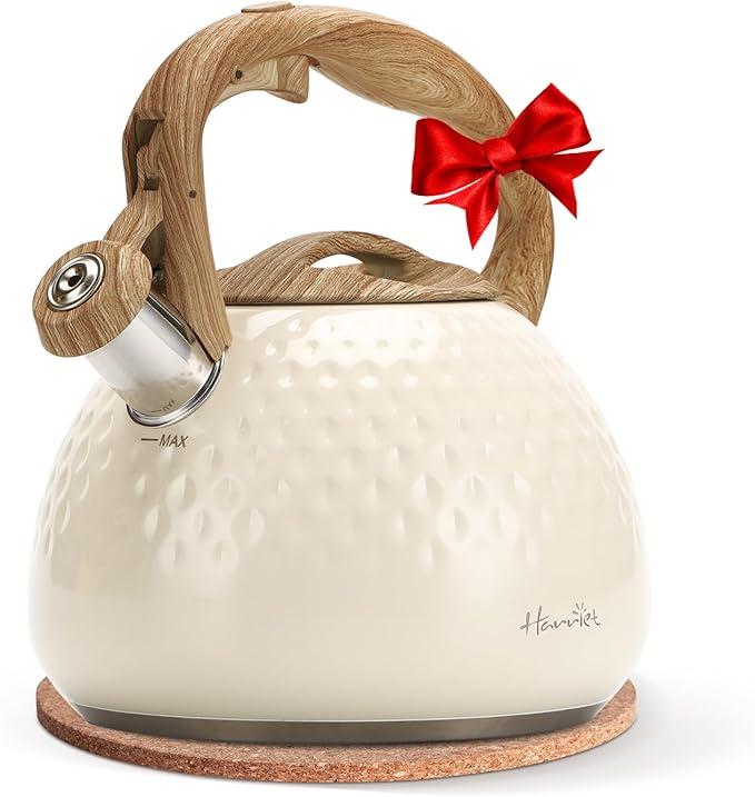 harriet Tea Kettle, Tea Pot for Stovetop, 2.5QT Whistling Kettle with 5-Layers bottom, Food Grade Stainless Steel Kettles with Hot-Resistant Handle Gas Electric Applicable (Beige White Glossy)