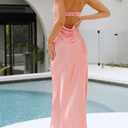 Realtix Satin Silk Backless Tube Tops Maxi Dress for Women Low Back Hollow Out Elegant Strapless Long Dresses Wedding Guest Pink