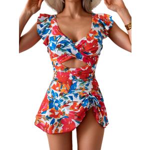 Aidonger One Piece Swimdress Swimsuit for Women Tummy Control Ruffle Swim Dress Skirt V Neck Cutout Wrap Bathing Suit (L)
