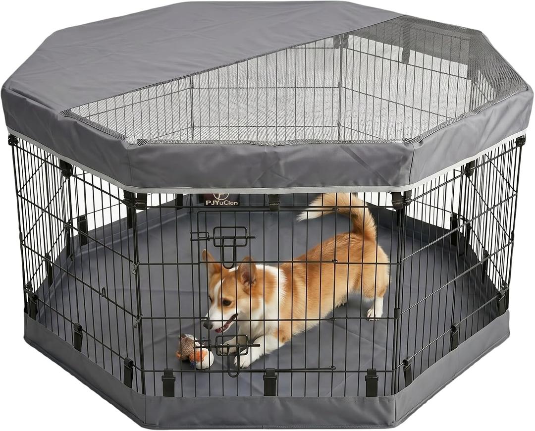 PJYuCien Dog Playpen with Top Cover and Bottom Pad - Metal Foldable Exercise Pen, 8 Panels 30" H x 24" W Indoor Outdoor Pet Fence Puppy Crate Kennel, Gray