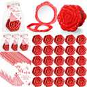 Wenqik 50 Sets Quinceanera Party Favors for Guests Rose Design Compact Pocket Mirrors Quinceanera Cards Thank You Gift and Organza Bags Birthday Party Favor (Red)