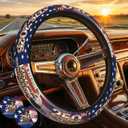 Anniversary American Flag Steering Wheel Cover + 2 Pc USA Flag Car Coasters | Anniversary American Car Men Breathable Universal for 14-15 Inch Anti-Slip
