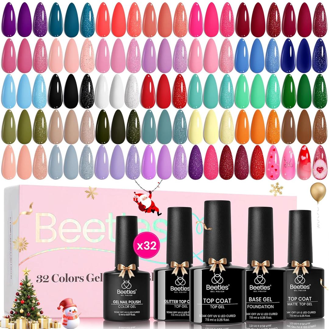 beetles Gel Polish Christmas Gel Nail Polish Set 32 Winter Colors with Base Top Coat Burgundy Red Blue Purple Brown Orange Green Pink Black White Uv LED Lamp Nails Gifts for Women Fingertip Palette