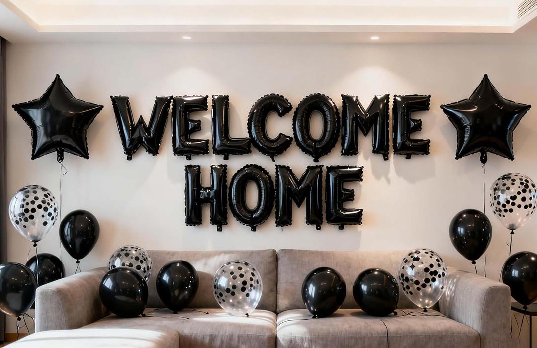Welcome Home Party Balloon Banner Star Confetti Balloons for Reunion Army Military Deployment Return House Warming Homecoming Party Decorations (Black)