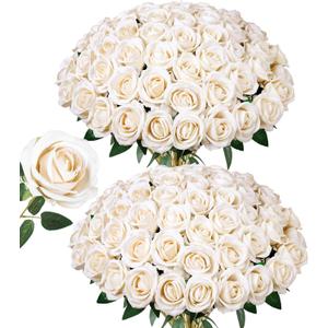 50 PCS Champagne Roses Artificial Flowers, Fake Roses with Stem Realistic Silk Rose for DIY Wedding Bouquets Table Centerpieces Arrangements Baby Shower Birthday Home Decor Valentines Day Gift for Her