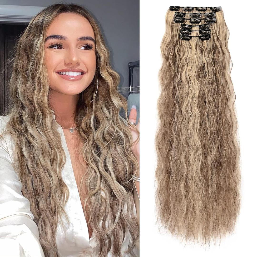 FLUFYMOOZ Clip In Hair Extensions,6PCS Hair Extensions Long Mermaid Waves Wavy Synthetic Clip On Hairpiece For Women 24 Inch (Light Brown with Blonde Highlights)