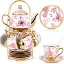 Zhehao Porcelain Tea Set with Metal Holder and Spoon Adult Ceramic Tea Set European Flower Painting Teapot Cup Saucer Spoon for Women Mom Gift, Large Version(Purple Style,20 Pcs)