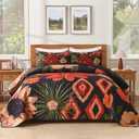 Andency Floral Boho Queen Quilt Bedding Set Black, 3 Pieces Farmhouse Flower Botanical Summer Bedspreads with 2 Shams, Soft Reversible Lightweight Microfiber Coverlet Set for All Season, 90"x96" (Crimson Bloom)